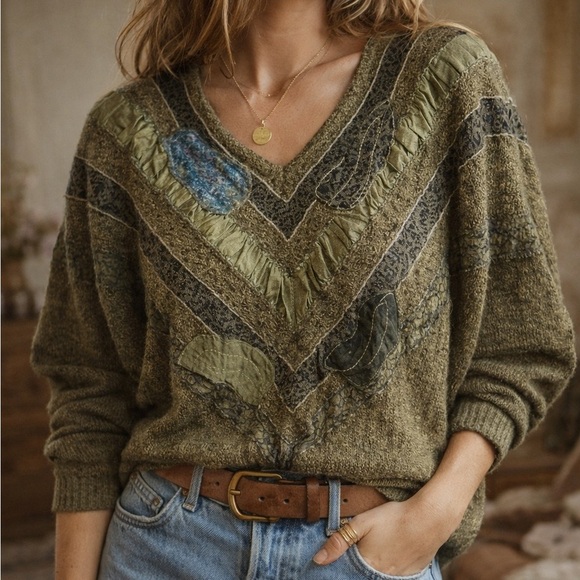 Vintage Sweaters - Vintage 80s Olive Green Patchwork Dolman Sweater Italian Boho Textured Slouchy